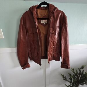 Men's Hooded Leather Jacket in Rust Brown